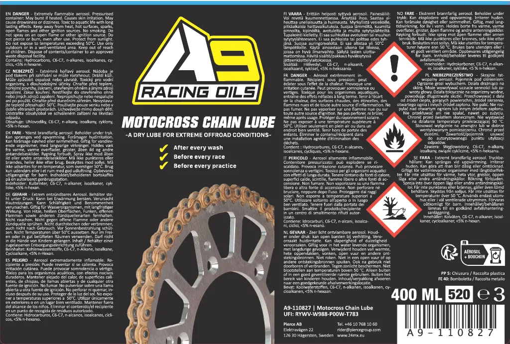 - 1 x Lubricante de cadena A9 Racing Motocross