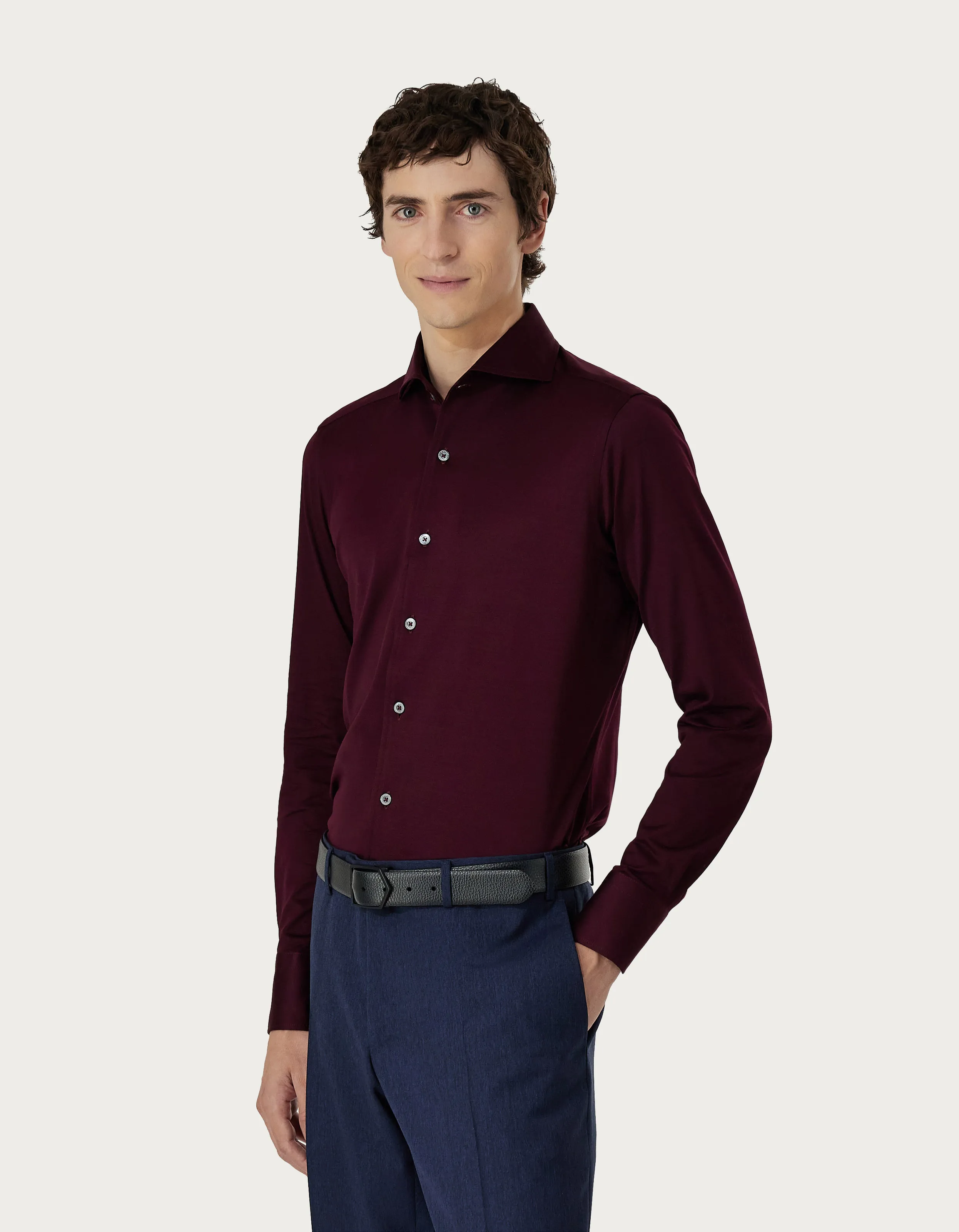 Camisa de corte slim de punto jersey de algodón burdeos 