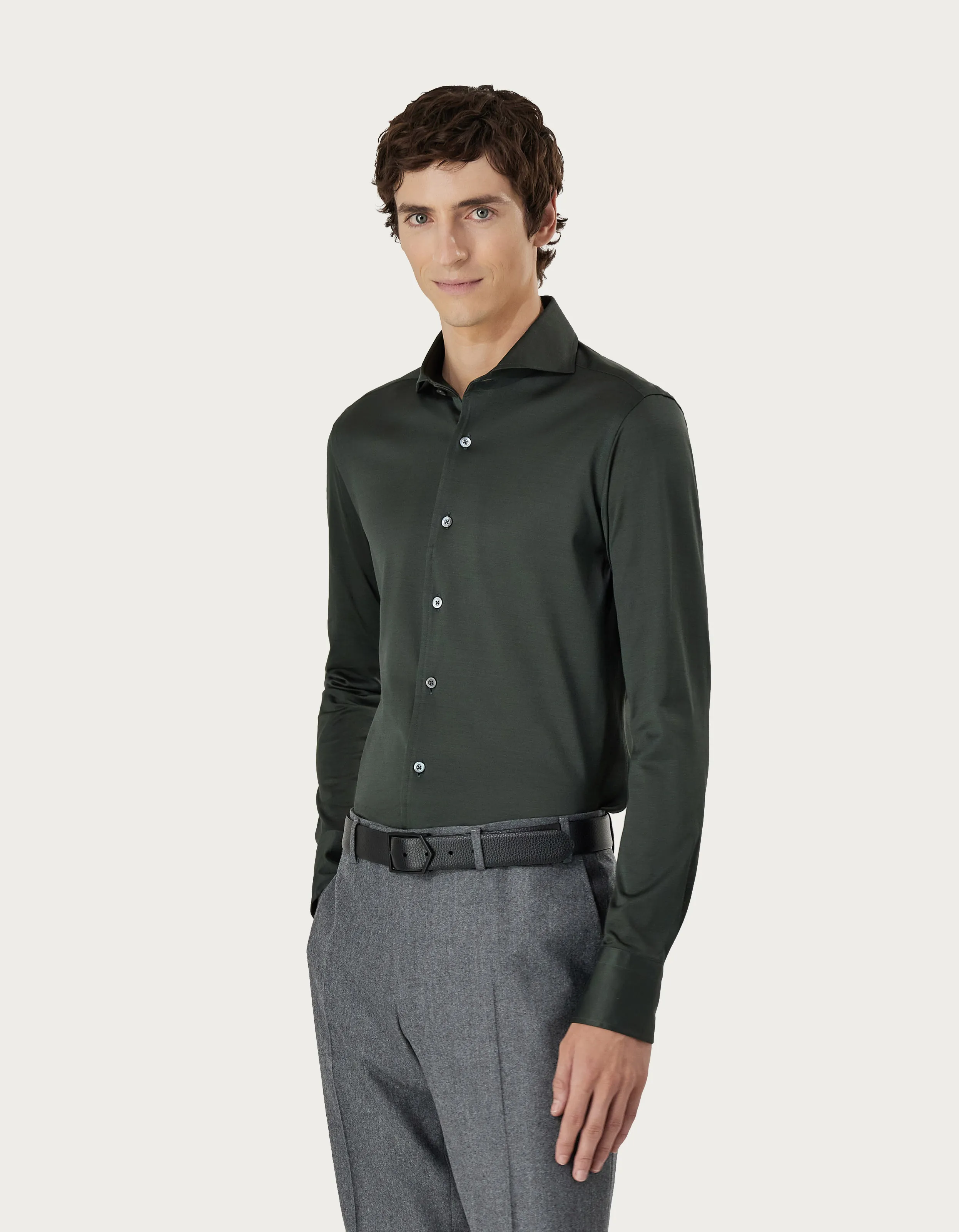 Camisa de corte slim de punto jersey de algodón verde 