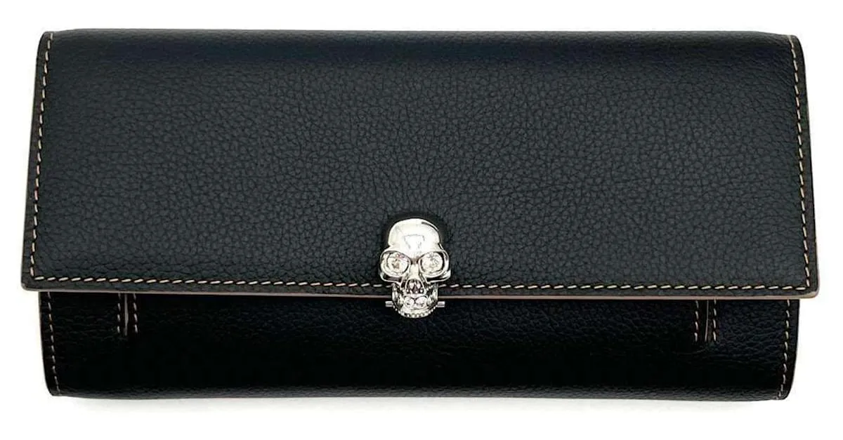 Cartera de cadena Alexander McQueen Long Skull de cuero Negro 