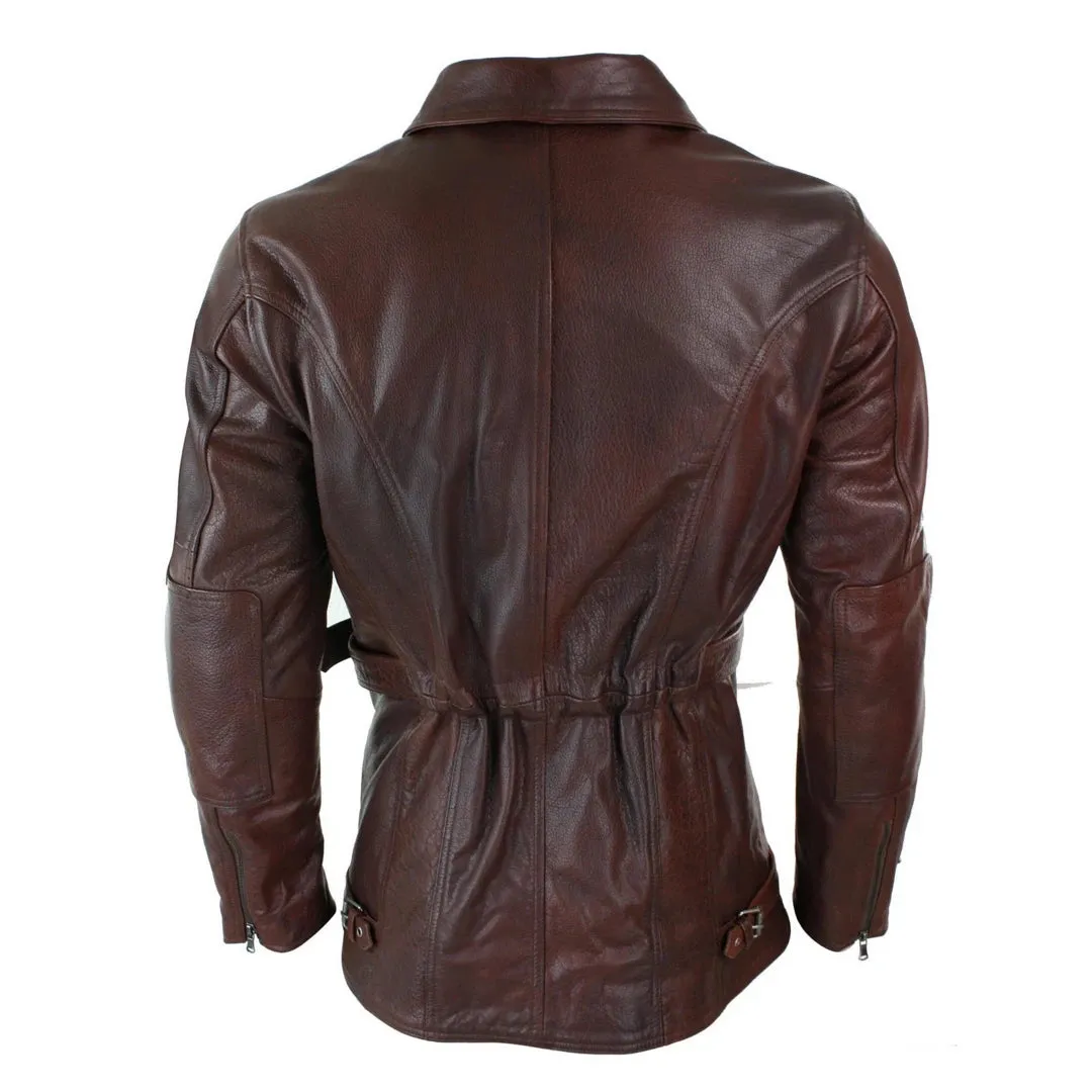 Chaqueta de cuero larga para motociclista 3/4 negra con cinturón y cremallera cruzada para hombre CE Armor