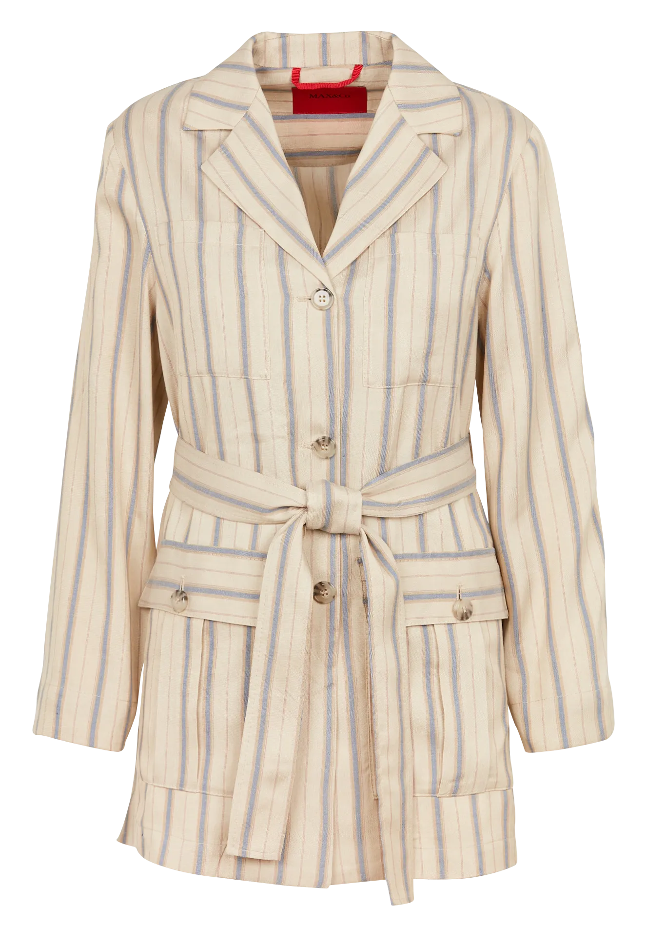 INN - Chaqueta abotonada de rayas con cinturón y botones en beige