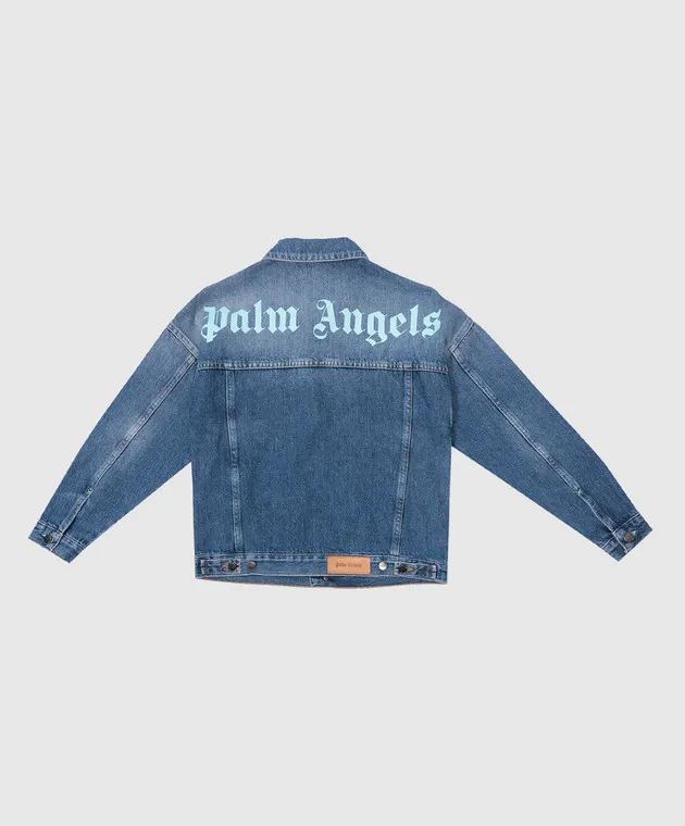 Palm Angels Children's blue denim jacket with a distressed logo print