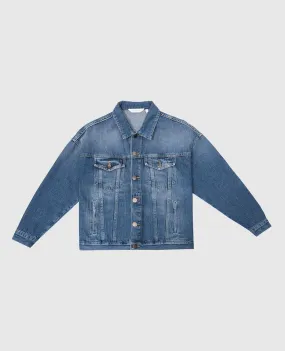 Palm Angels Children's blue denim jacket with a distressed logo print