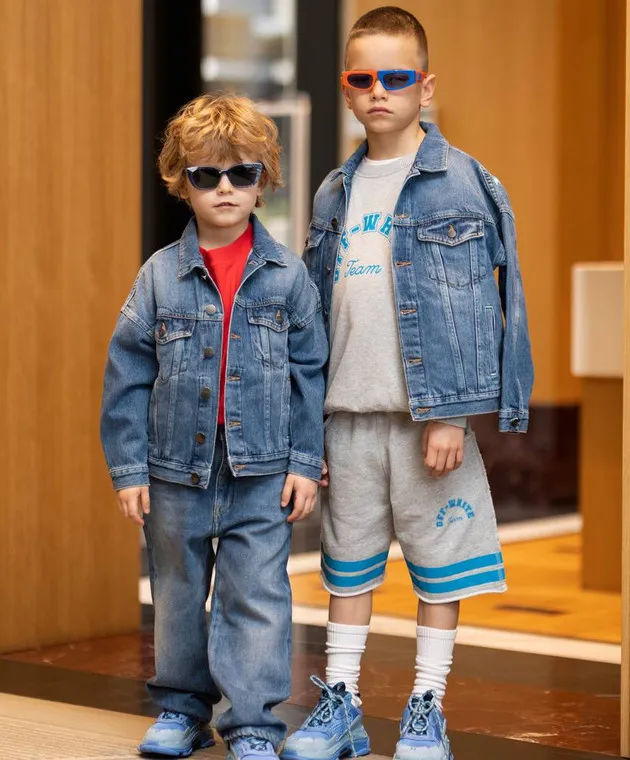 Palm Angels Children's blue denim jacket with a distressed logo print