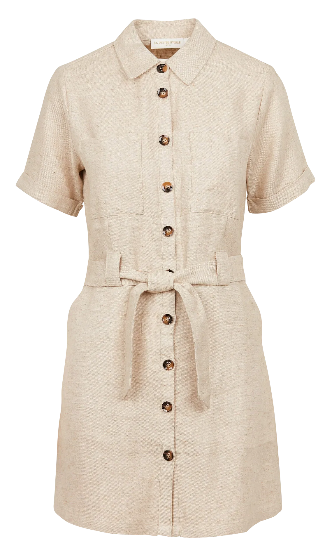 RILA - Vestido corto recto texturizado con cinturón en beige