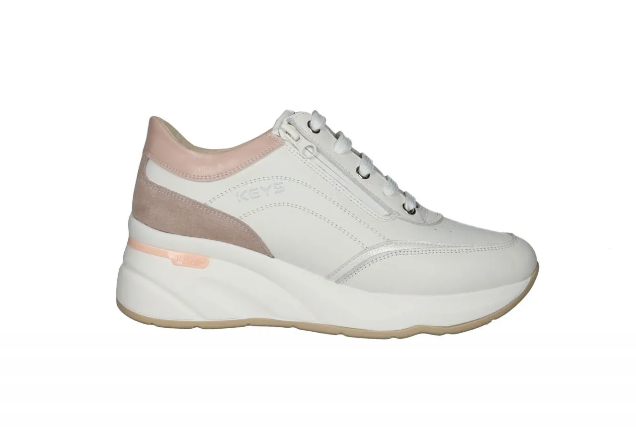 Sneaker Piel Blanco Cuello y Talon Rosa Cremallera Lateral CuÑa Blanca