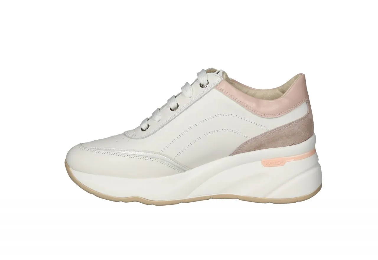 Sneaker Piel Blanco Cuello y Talon Rosa Cremallera Lateral CuÑa Blanca