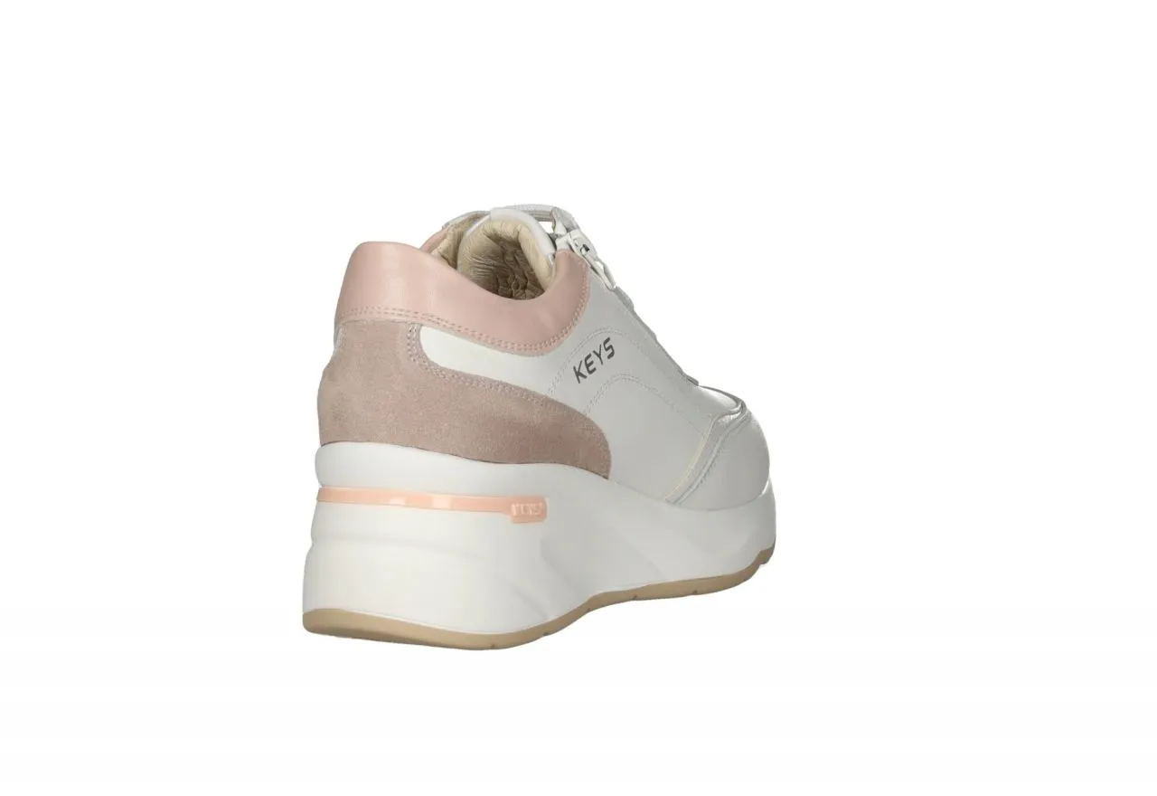 Sneaker Piel Blanco Cuello y Talon Rosa Cremallera Lateral CuÑa Blanca